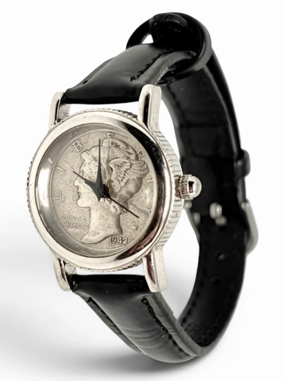 Vintage WORKING Mercury Silver Dime Ladies Quartz Wrist Watch Leather Strap